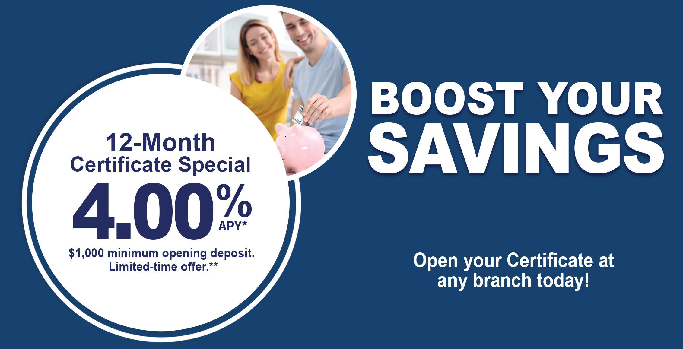 Boost your savings. 12-month certificate special 4.00% apy. $1,000 minimum deposit. Limited-time offer. Open your certificate at any branch today.